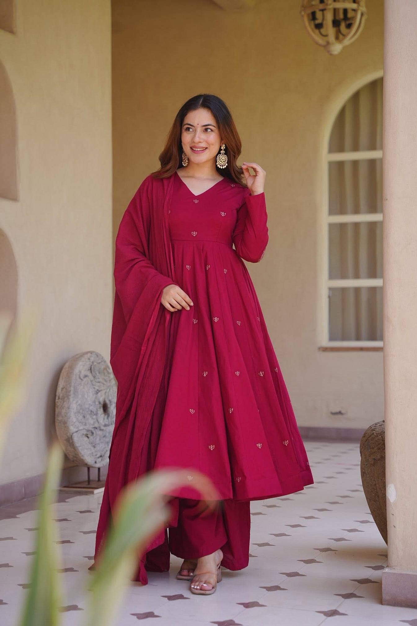 Rich Magenta Maroon Flared Anarkali Suit Set Adorned with Delicate Scattered Floral Embroidery and an Elegant V-Neckline